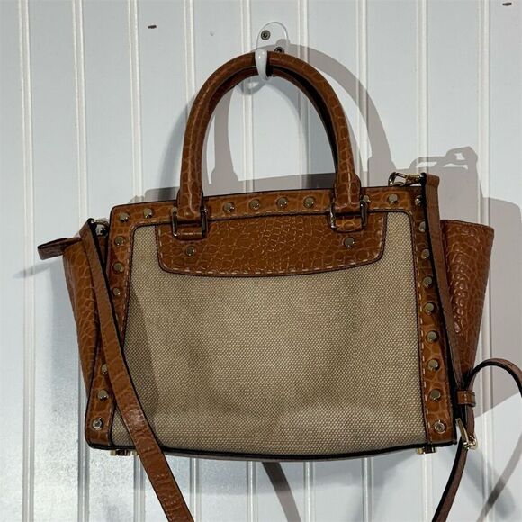 Michael Kors Croc Embossed Canvas Satchel Tote Brown Tan Studded Shoulder Bag - Picture 2 of 10